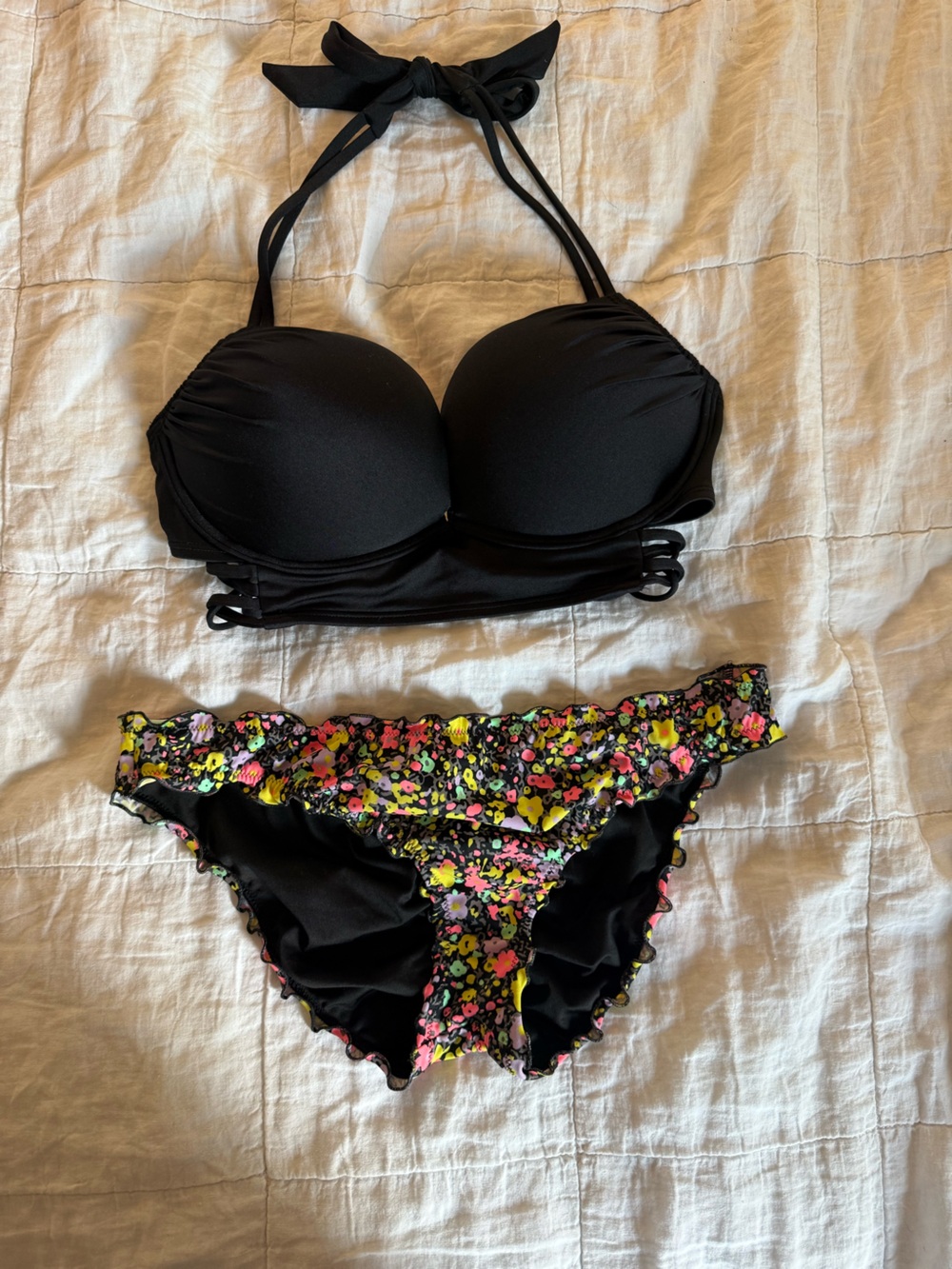 Victoria's Secret Black Halter Bombshell Top with Black Floral Ruffle Bottom